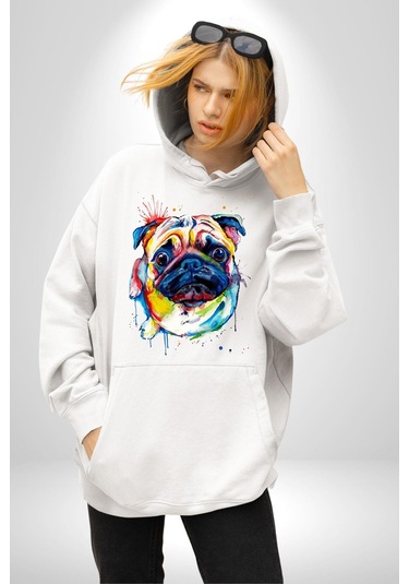 Sulu Boya Pug Köpek Kadın Erkek Beyaz Kapüşonlu Sweatshirt Hoodie Beyaz