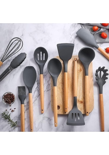 Fastbuy Silikon Mutfak Aksesuarı 12'li Set - Yapışmaz Pişirme Aleti - Haki Renk Haki