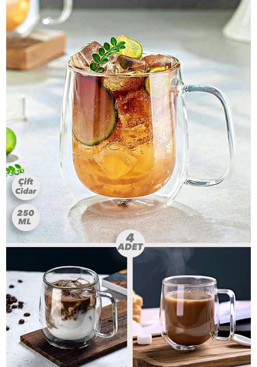 Mis Kitchen 4 Adet Kulplu Cidarlı Cam Çay Ve Kahve Bardağı 250 Ml