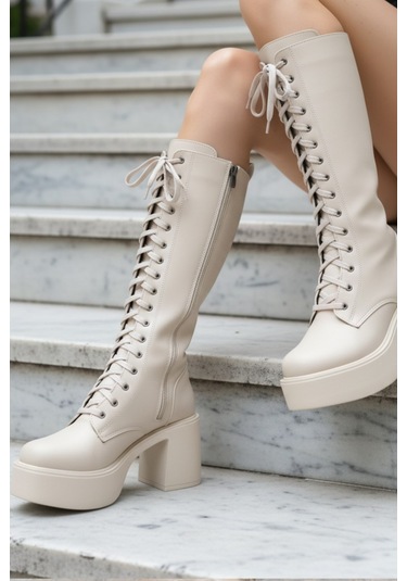 Ventes Kalın Taban Topuklu Fermuarlı Diz Altı Sade Bağcıklı Kadın Çizme TEN CİLT