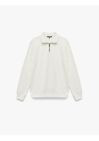 Koton Uzun Kollu Şardonlu Basic Yarım Fermuarlı Sweatshirt Beyaz 6wam70016mk