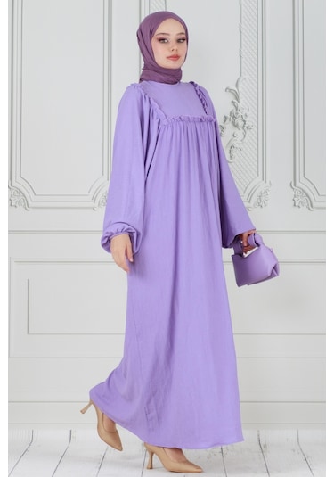 Fırfırlı Robalı Bürümcük Elbise-lila-3536-lila Lila