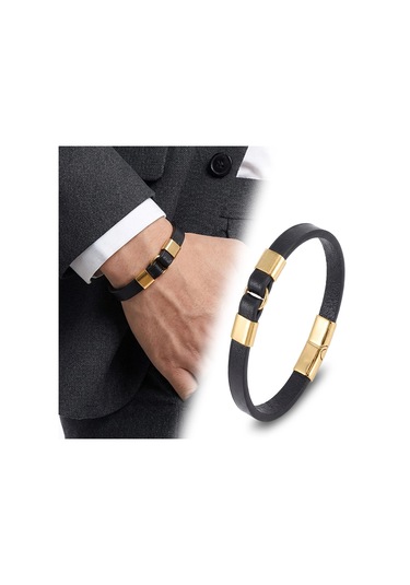 Moncuk Design Erkek Sarı Çelik Ve Siyah Deri Bileklik 33514b4d2 Çok Renkli