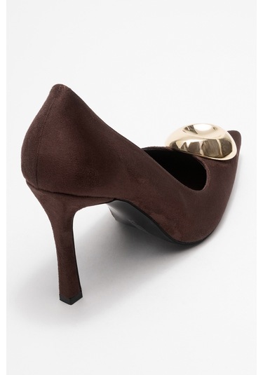 Jordana Kahverengi Süet Gold Tokalı Kadın İnce Topuklu Ayakkabı Kahverengi