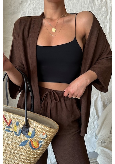 Modagen Kadın Kahve Kimono Alt Üst Havuç Pantolon Takım Kahve