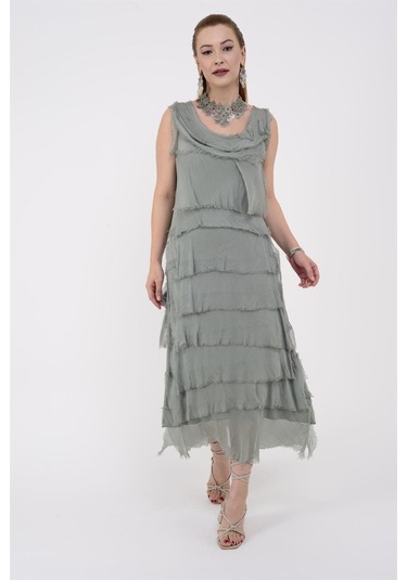 Italyan 2 Beden İnce Gösteren Kat Kat Kolsuz Ipek Elbise Haki