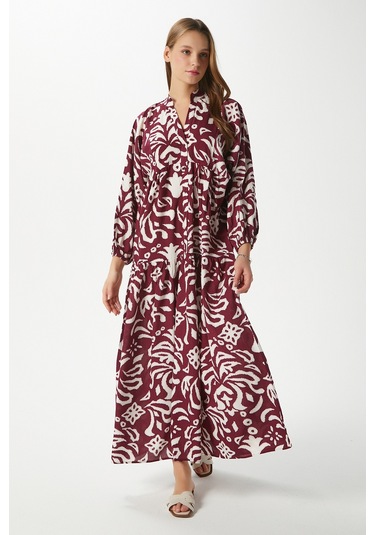 Prive Kadın Showy Bordo %100 Viskon Maksi Boy Elbise Bordo - Krem