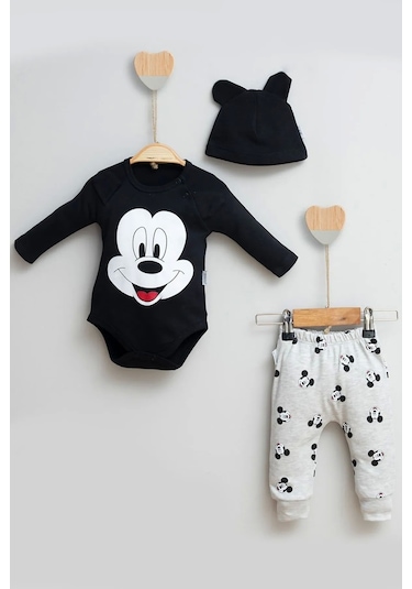 Mickey Desenli Şapkalı 3'lü Erkek Bebek Takımı Siyah