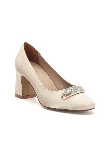 Kadın Siletto Topuklu Ayakkabı Gold Saten Taşlı Kalın Topuklu-4167 Gold Parlak