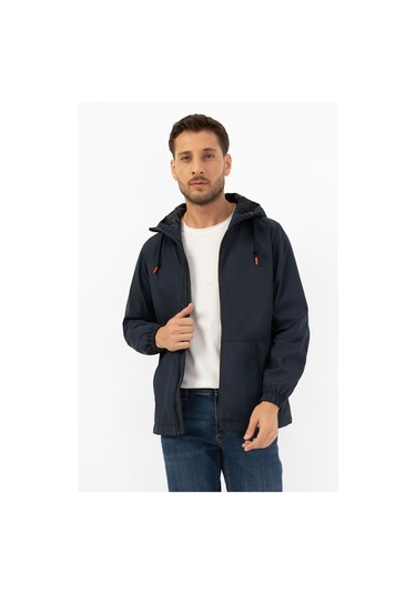 Erkek Lacivert İçi Astarlı Kanguru Cepli Su Ve Rüzgar Geçirmez Kapüşonlu Cepli Yağmurluk Lacivert