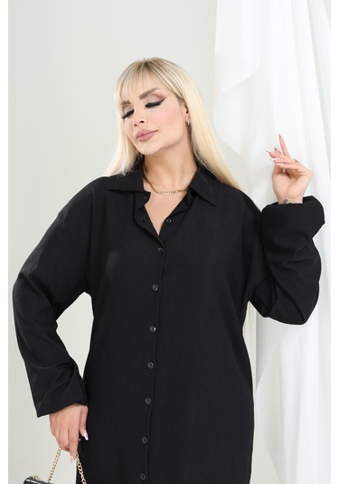 Bürümcük Gömlek Yaka Tunik Takım Düğmeli Tesettüre Uygun 2xl 6xl Siyah