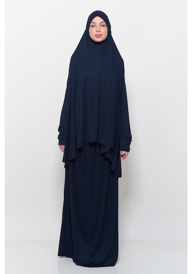 Pratik 2 Parça Pamuklu Yarasa Kollu Başörtülü Tesettür Namaz Elbisesi Koyu Lacivert Antrasit