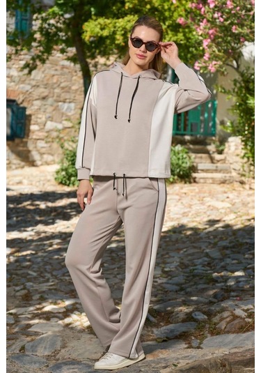 Cossy By Aqua 26027 Kadın Uzun Kollu Kapişonlu Eşofman Takımı-taş Taş