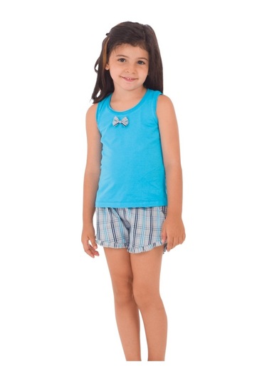 The Don Aile Turkuaz Gri-Lacivert Ekose Kız Çocuk Şort Takımı (9-