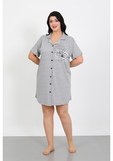 Akbeniz Büyük Beden Penye Düğmeli Gri Tunik Gecelik 1025 Gri