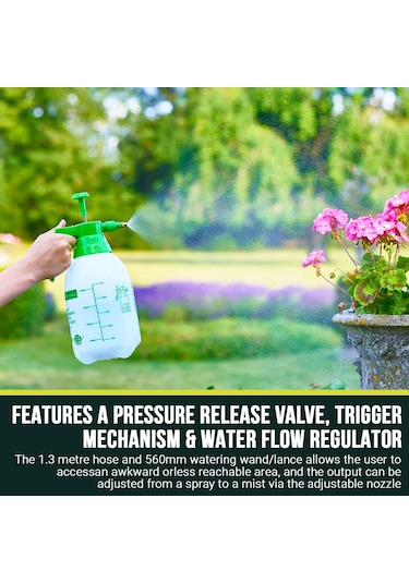 Lemestar Bahçe Bitkileri İçin Ayarlanabilir Basınçlı Sprey Botu - 2 Litre Beyaz Kase Yeşil Başlık, 1.3m Hortum, Akış Regülatörü Ve Kilitlebilir Tetik