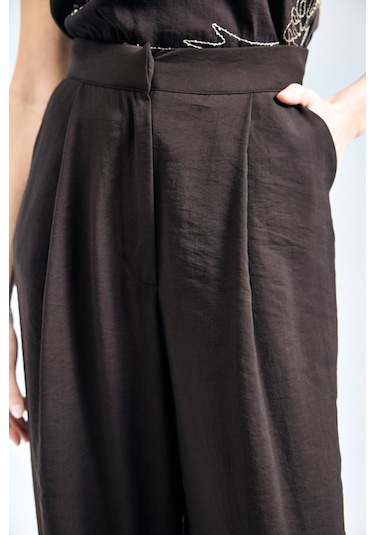 Sateen Dina Pantolon - Koyu Kahve-137349 Koyu Kahverengi
