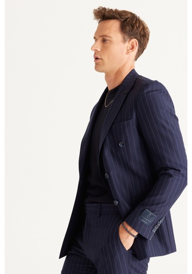 Ac&Co / Altınyıldız Classics Erkek Lacı Slim Fit Dar Kesim Kırlangıç Yaka %100 Yün Çizgili Takım Elbise Lacı Lacivert