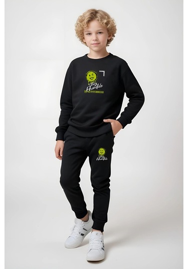 Yuvarlak Yaka Emoji Baskılı Erkek Çocuk Eşofman Takımı Siyah