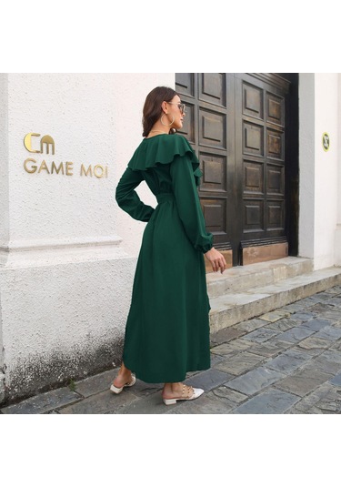 Gmxıa Kadın Moda Yaz Bahar Düz Renk Baskı Uzun Kollu V Yaka Yüksek Bel Günlük Elbiseler Yeşil