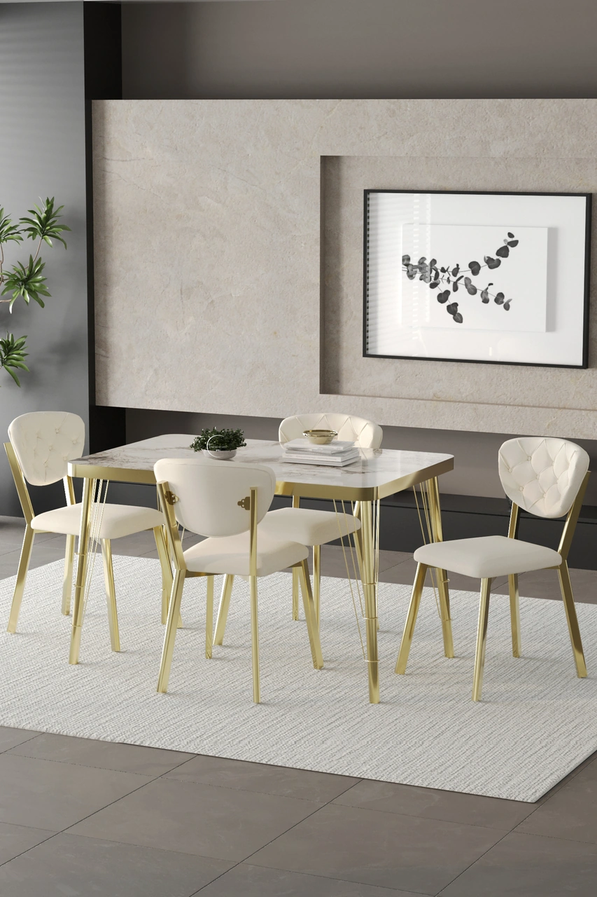 Mutfak Masası Takımı Elma Serisi 4 Sandalyeli Gold Krem