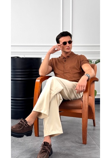 Modefendi Slim Fit Polo Yaka Triko Pamuk Kısa Kollu Gömlek Kahverengi