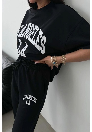 Los Angeles T-shirt Eşofman Altı Jogger- Siyah Baskılı Alt Üst Eşofman Takım Oversize Bisiklet Yaka Siyah
