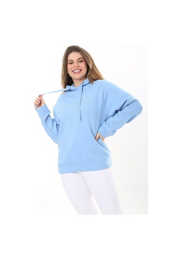 Kadın Büyük Beden Bebe Mavisi İçi Şardonlu 3 İplik Kumaş Kapşonlu Sweatshirt 65n37575-bebe Mavisi Bebek Mavisi