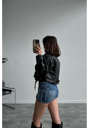 Yeni Sezon Oversize Kadın Siyah Biker Deri Ceket Siyah