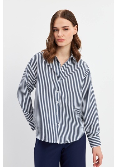 Stella Pulvis Lacivert Oversize Çizgili Gömlek Lacivert