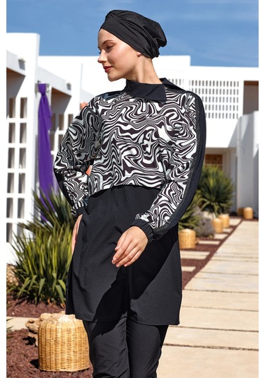 Spor Likra Tam Kapalı Tesettür Mayo Zebrı 1224 Siyah Siyah01 Siyah