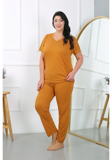 Akbeniz Kadın Büyük Beden Kısa Kol Penye Pijama Takımı Hardal 202405-hardal Hardal