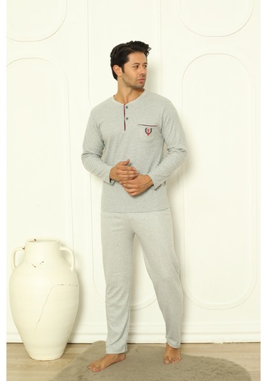 Falkom 5004 İnterlok Kalın Kışlık Çizgili Erkek Ev Pijama Takımı Gri