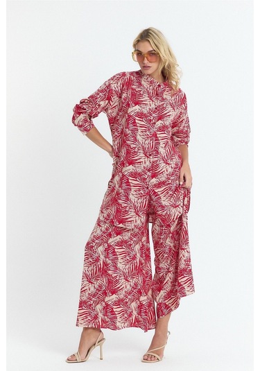 Schık Kadın Viskon Rahat Bol Paça Truvakar Kol Önü Düğme Baskılı Takım Kırmızı