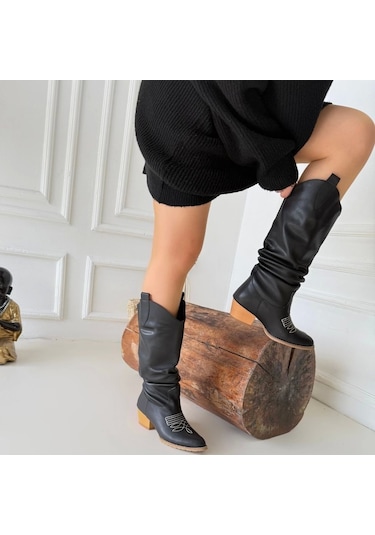 Jeoni Siyah Cilt Topuklu Kadın Çizme Siyah