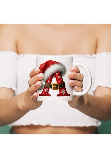 A Harfi Yılbaşı Temalı Bardak 330 Ml Harfli Kişiye Özel Hediye - Yeniyıl / Noel Şapka Tasarım Beyaz