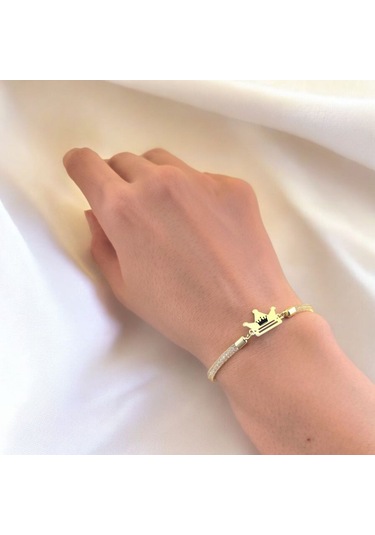 Archin Krallık Tacı Temalı Taç Figürlü 14 Ayar Altın Plakalı Hasır Kordonlu Hediye Bileklik-464sembol Krallık Tacı