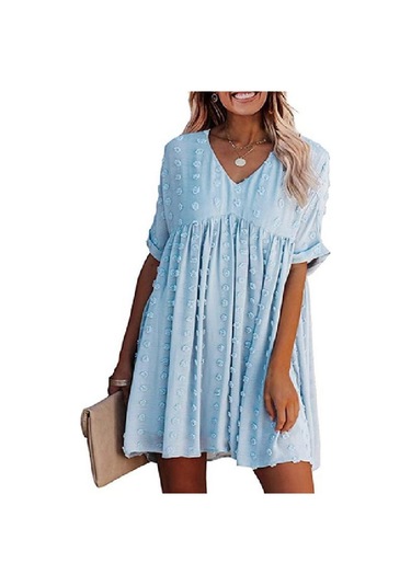 2024 Kadın Yaz Yeni Şifon Bol Kesim Büyük V Yaka Elbise Trendi Mavi