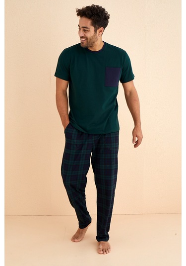 Kutulu- Premium Pamuklu Kısa Kollu Erkek Pijama Takımı- Ekose Babalar Günü Hediyesi Yesil