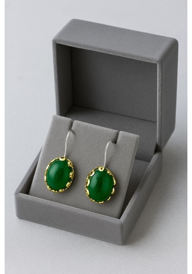 Lale Serisi El İşi Yeşil Akik Taşlı Gümüş Kadın Küpe Gümüş