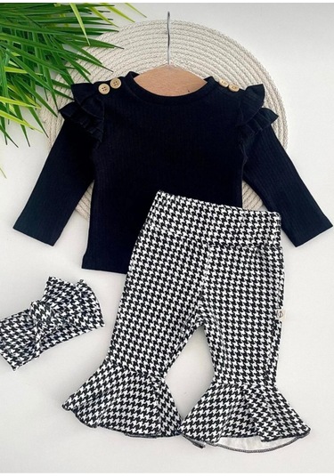 İspanyol Paça Kazayağı Desenli Kız Bebek Takım Ve Bandanası %100 Pamuk Ribana Omuz Fırfırlı Siyah - Beyaz İspanyol Paça Kazayağı Desenli Kız Bebek Takım Ve Bandanası %100 Pamuk Ribana Omuz Fırfırlı Siyah - Beyaz