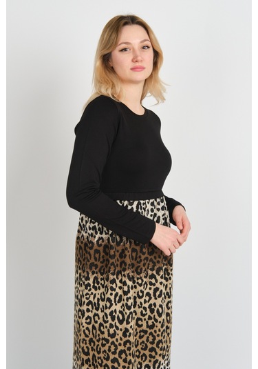 Sistas Kadın Leopar Desenli Yanları Yırtmaçlı Bisiklet Yaka Elbise 24922 Kahve-bej Kahve-bej