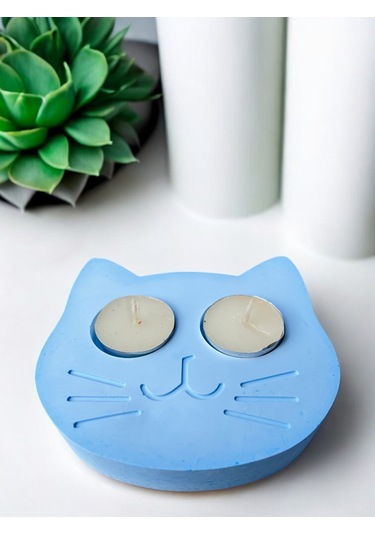 Mavi Kedi Şekilli Beton Mumluk - El Yapımı Dekoratif Çay Işığı Tealight Mumluk - Minimalist Kedi Tem Mavi