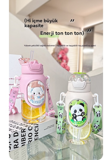 Çizgi Film Çocuk Beyaz Pipetli Çift İçme Bardağı Beyaz