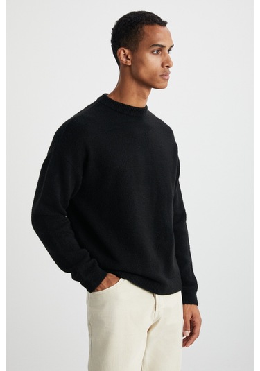 Tromso Erkek Bisiklet Yaka Oversize Recycle Triko Triko Siyah Kazak