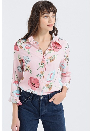 Kadın Pembe Modern Tarz Çiçek Desenli Uzun Kollu Gömlek Pembe