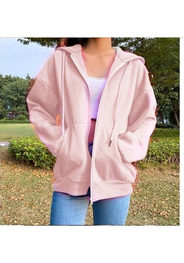 Pembe Kazak Hoodie Büyük Boy Kapşonlu Hırka Tişörtü Gri Kadın Giyim Katı Fermuarlı Kapüşonlular Sonbahar Kadın Uzun Kollu Tops Pembe