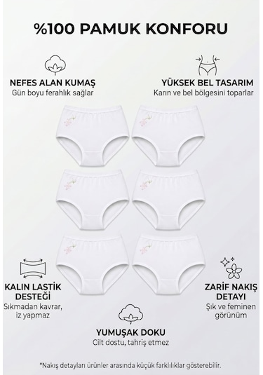 6Lı Seher Kadın Yüksek Bel Külot Işlemeli Pamuklu Bato Slip