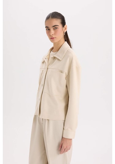 DeFacto Crop Çıtçıtlı Cepli Süet Gömlek Ceket B2983AX24WNBG74 Bej