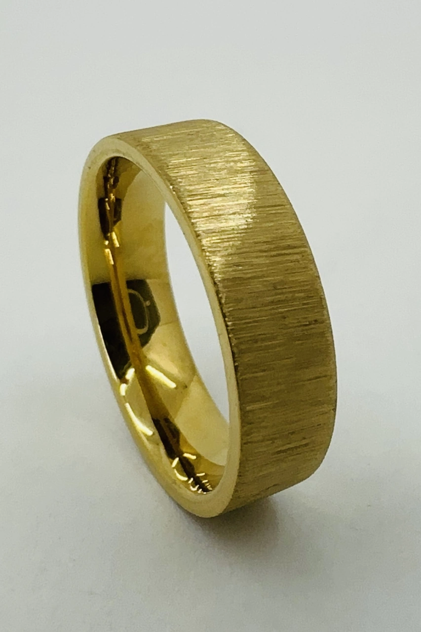 Kişiye Özel İsim Tarih Yazılı 6mm Mat Fırçalanmış Düz Unisex Çelik Yüzük Alyans Cl46y Sarı